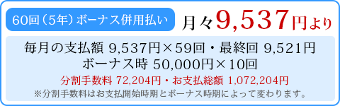 月々9,577円 （60回 [5年] ボーナス併用払いの場合）・毎月の支払額 9,577円×59回＋最終回 9,589円 ボーナス時50,000円×9回