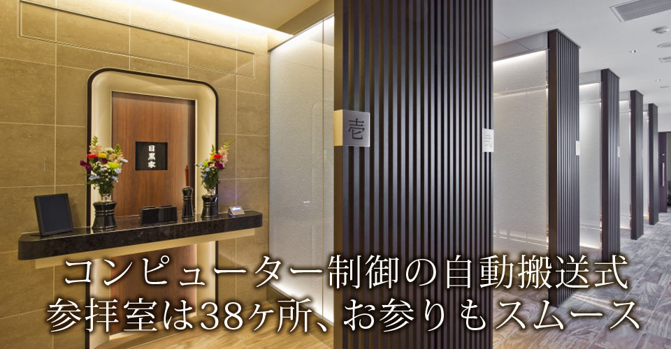 コンピュータ制御の自動搬送式。参拝室は38カ所、お参りもスムース。