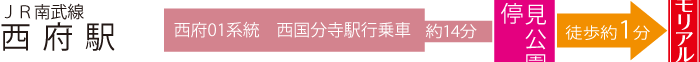 JR南武線 西府駅より【西府01系統】「西国分寺駅行き」に乗車→「富士見公園前」バス停下車（約14分）→武蔵メモリアルコートまで徒歩約1分