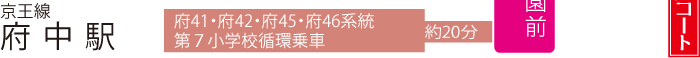 京王線 府中駅より【府41・府42・府45・府46系統】「第７小学校循環」に乗車→「富士見公園前」バス停下車（約20分）→武蔵メモリアルコートまで徒歩約1分